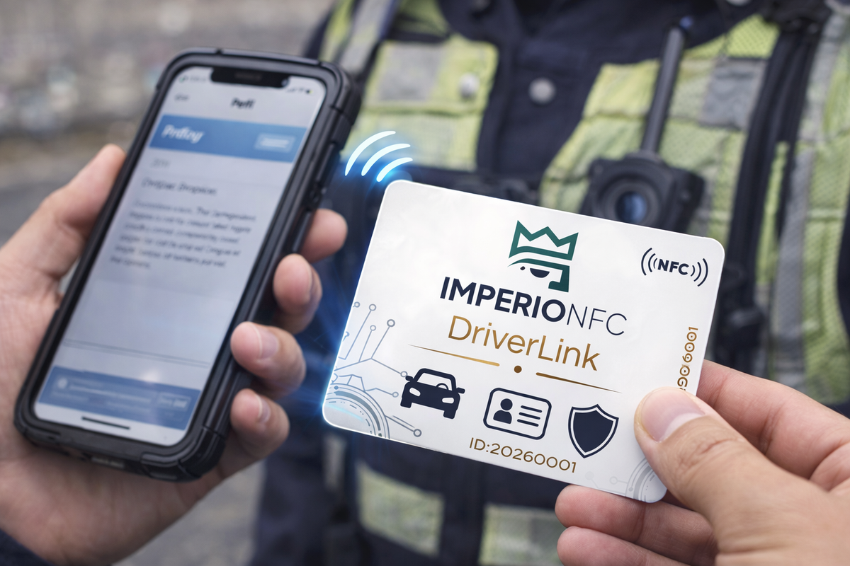 Tarjeta DriverLink de ImperioNFC junto a un celular en una fiscalización